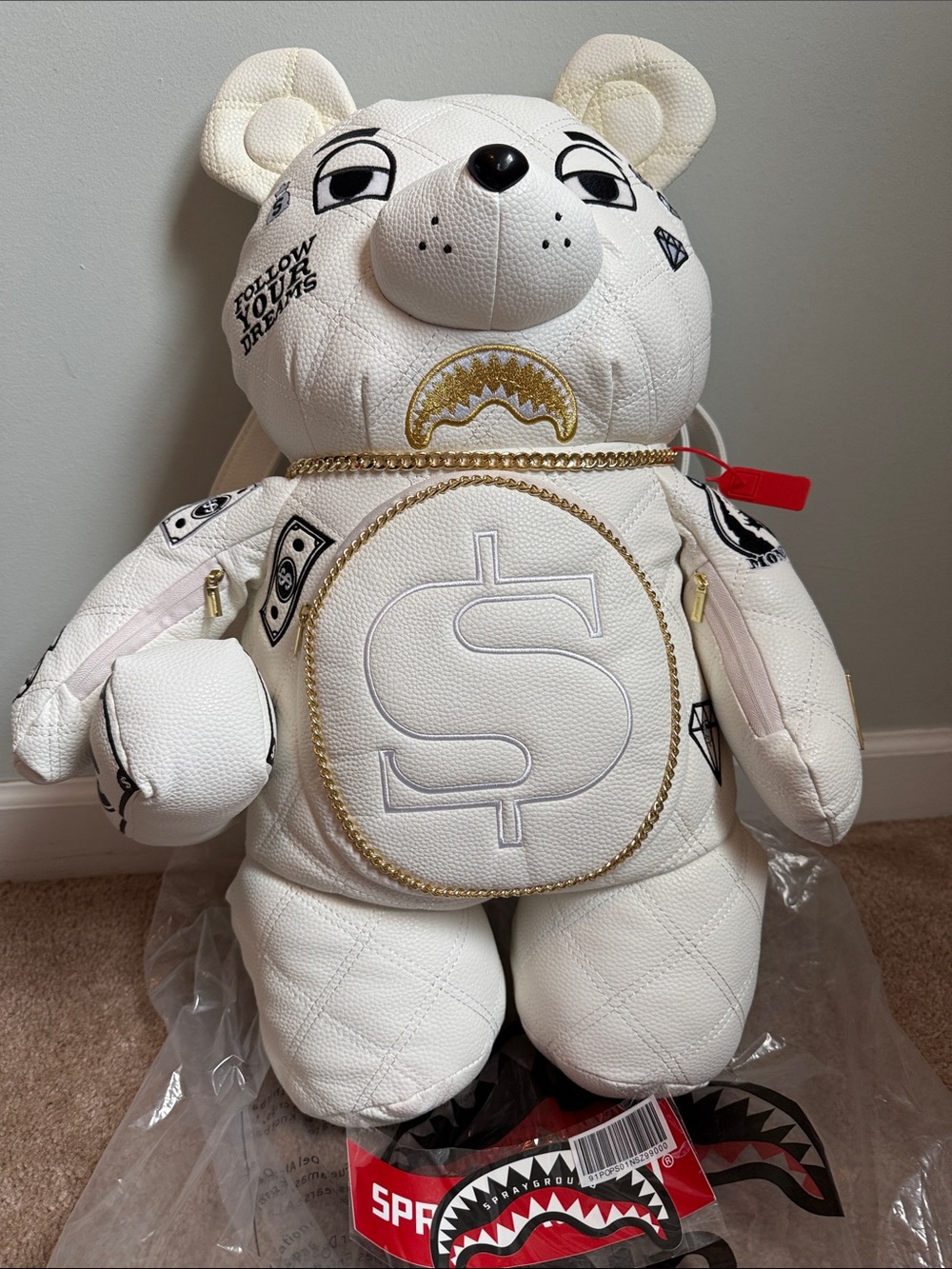 SPRAYGROUND RIVIERA LE BLANC GOLD CHAIN MONEYBEAR TEDDYBEAR BACKPACK